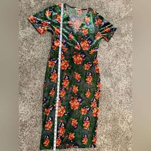 Zara Velvet Dress Women Stretch Midi Size L Floral Green Colorful Fall Party - Picture 3 of 9